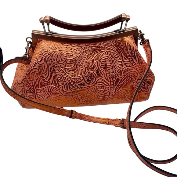 Patricia Nash Tooled Leather Bag Kiss Lock Kelmscott Coral Metallic Cross Body - Picture 3 of 11